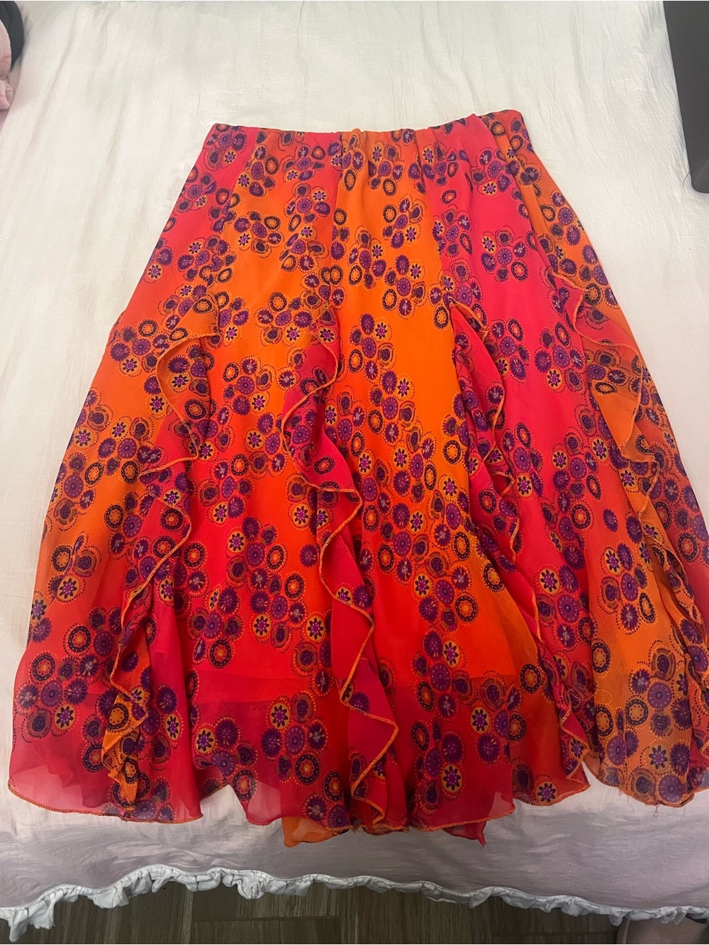 Y2K Fairy Ombré Orange & Red Floral Maxi Skirt with Ruffle Panels